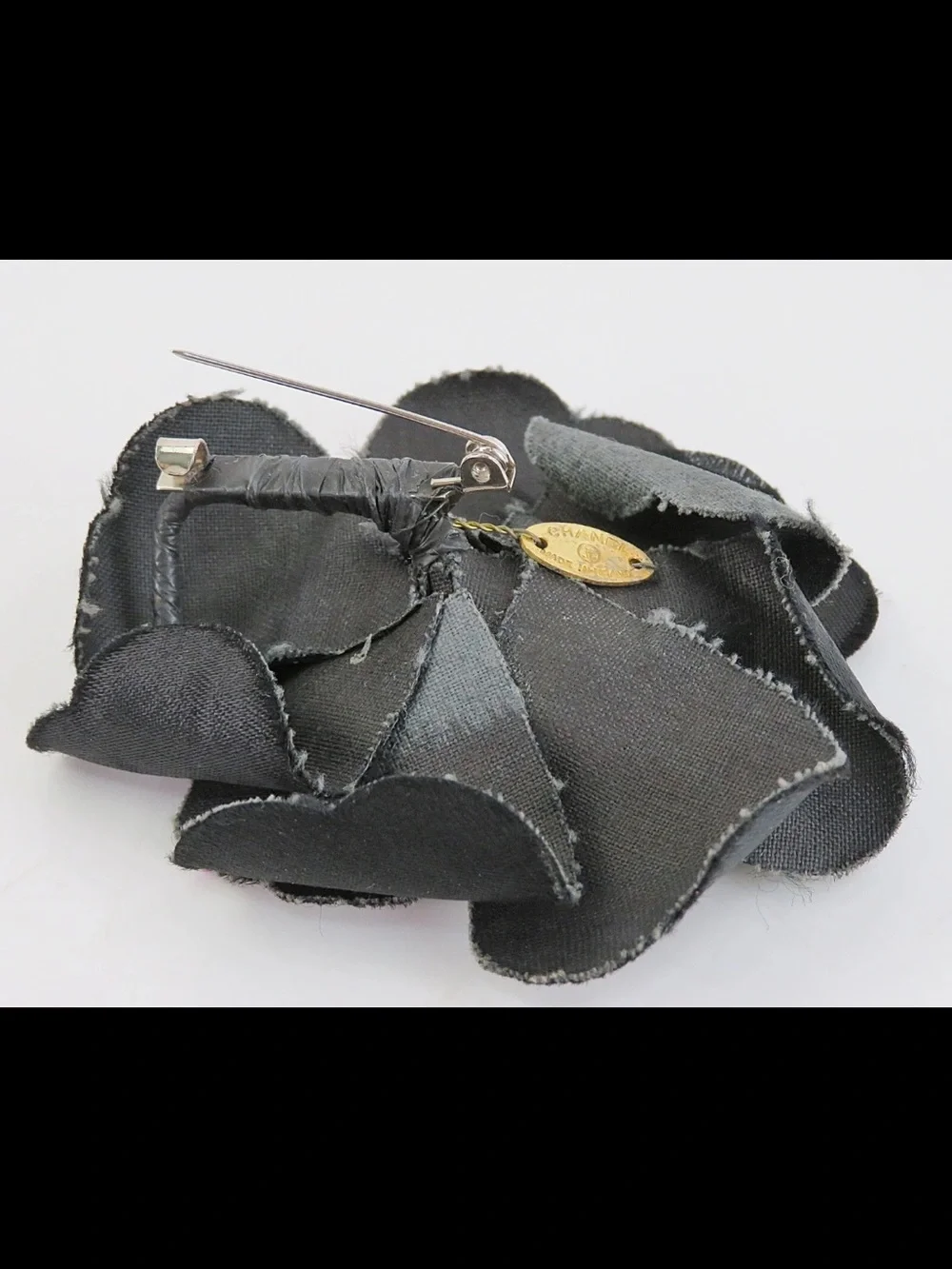 CHANEL Black Camellia Fabric Flower Pin